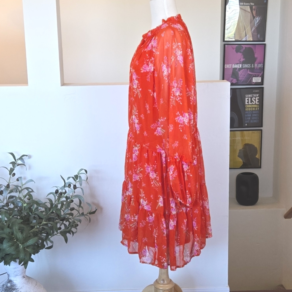 VINCE CAMUTO Orange Floral Georgette Longsleeve Lined Dress XXL Summer Casual - Picture 7 of 9